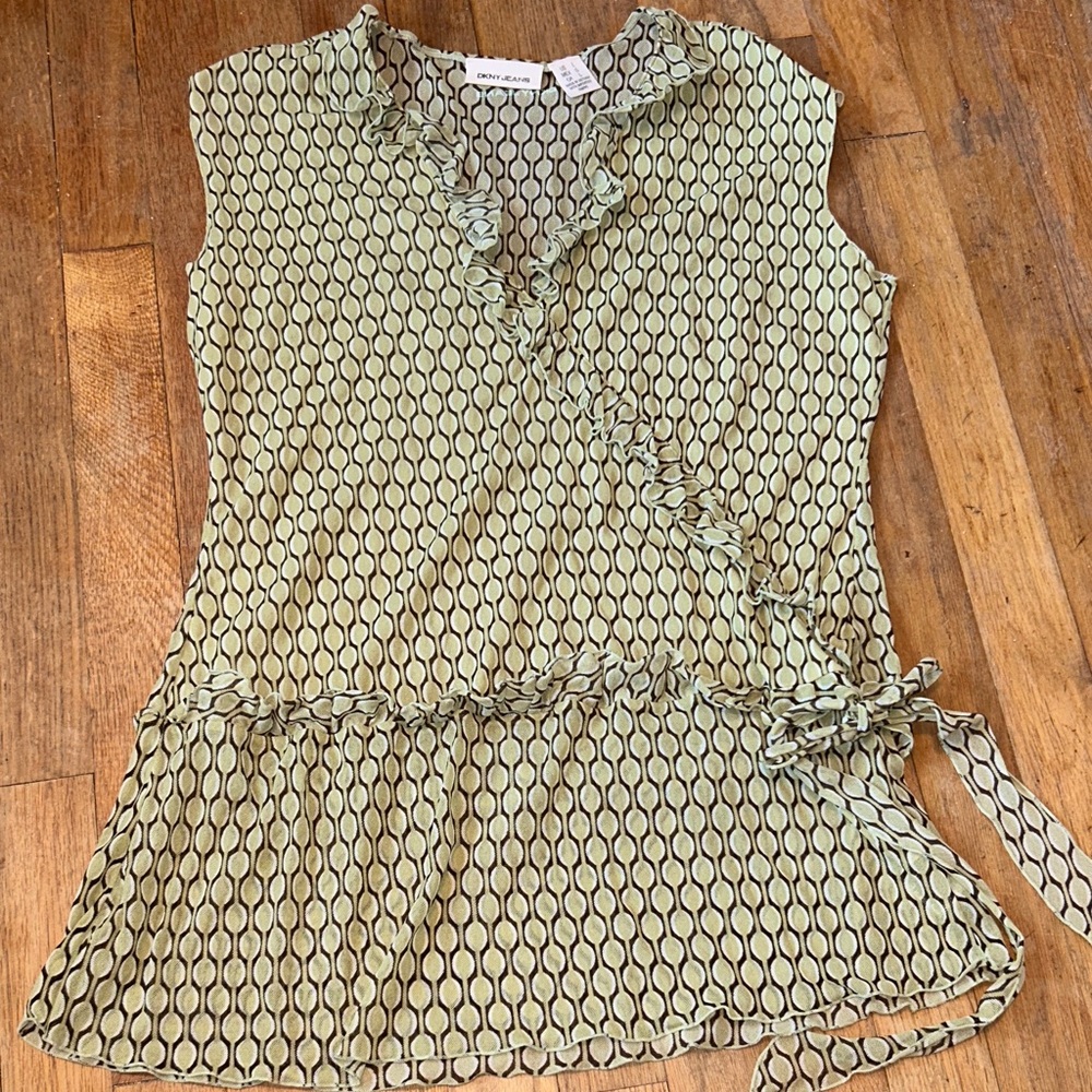 DKNY Green Patterned Wrap Blouse Sheer Size L